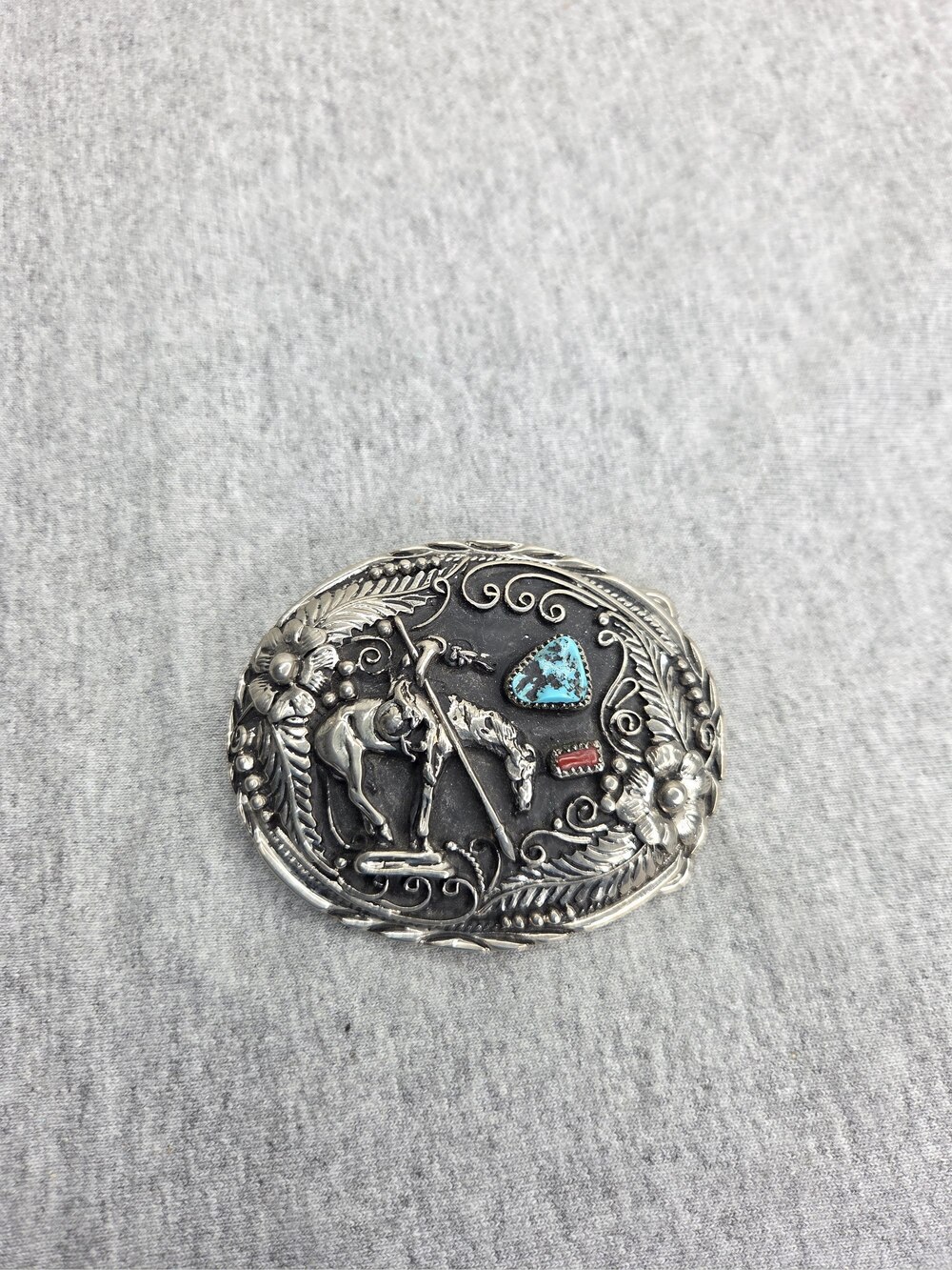 Vintage SSI End of the Trail Belt Buckle Turquoise Coral Handcrafted USA Western